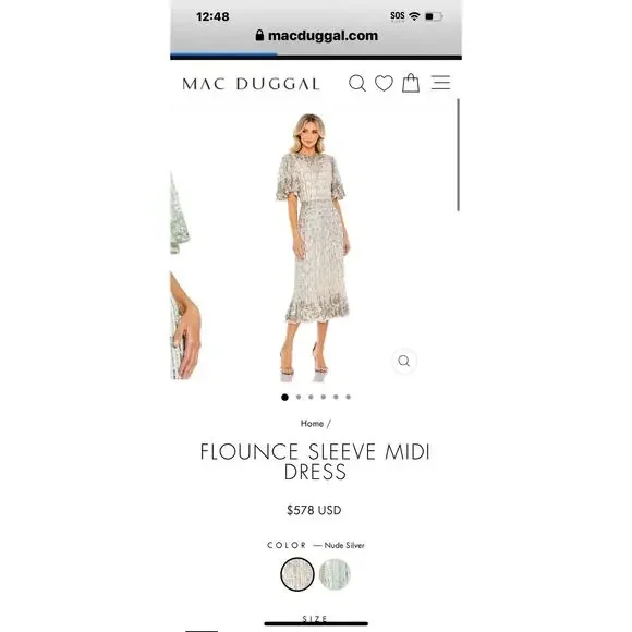 Mac Duggal Women's Nude Silver Sequined Flounce Sleeve Midi Dress Size 6 NWT - Picture 5 of 13